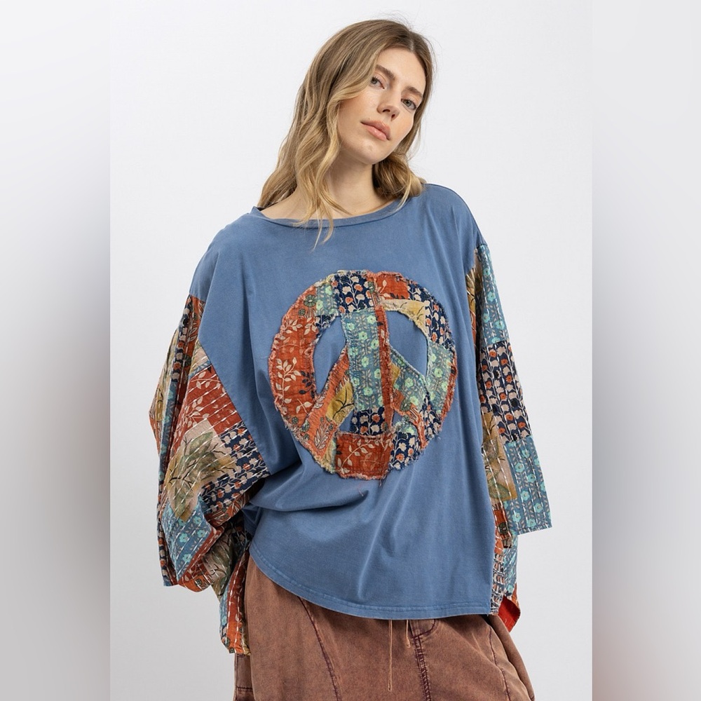 Blue Velvet-Bohemian Patchwork Peace Sign Long Sleeve Top